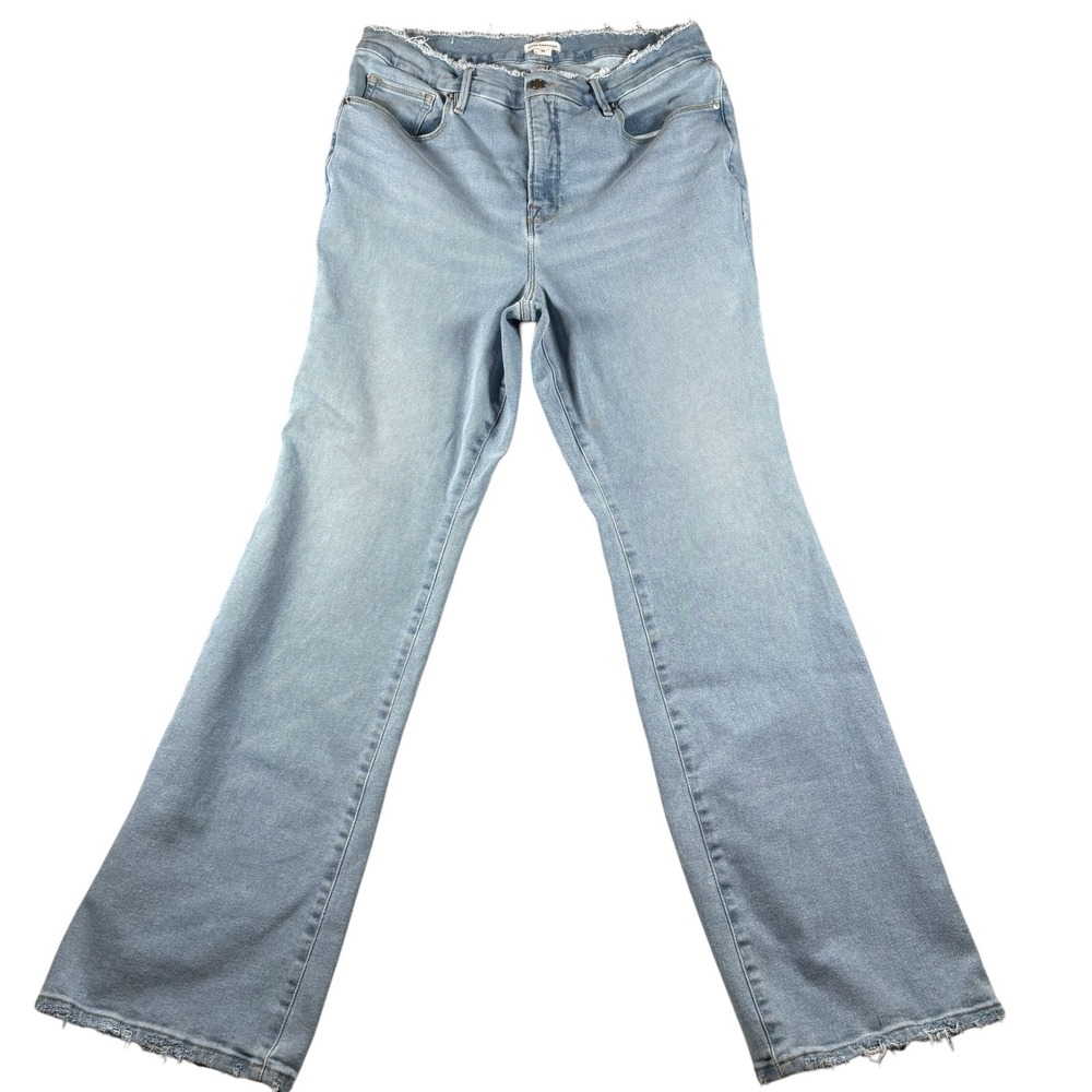 Good American Light Wash High Rise Flare Jeans Raw Hem Sz 16 Blue Denim festival - Picture 2 of 10